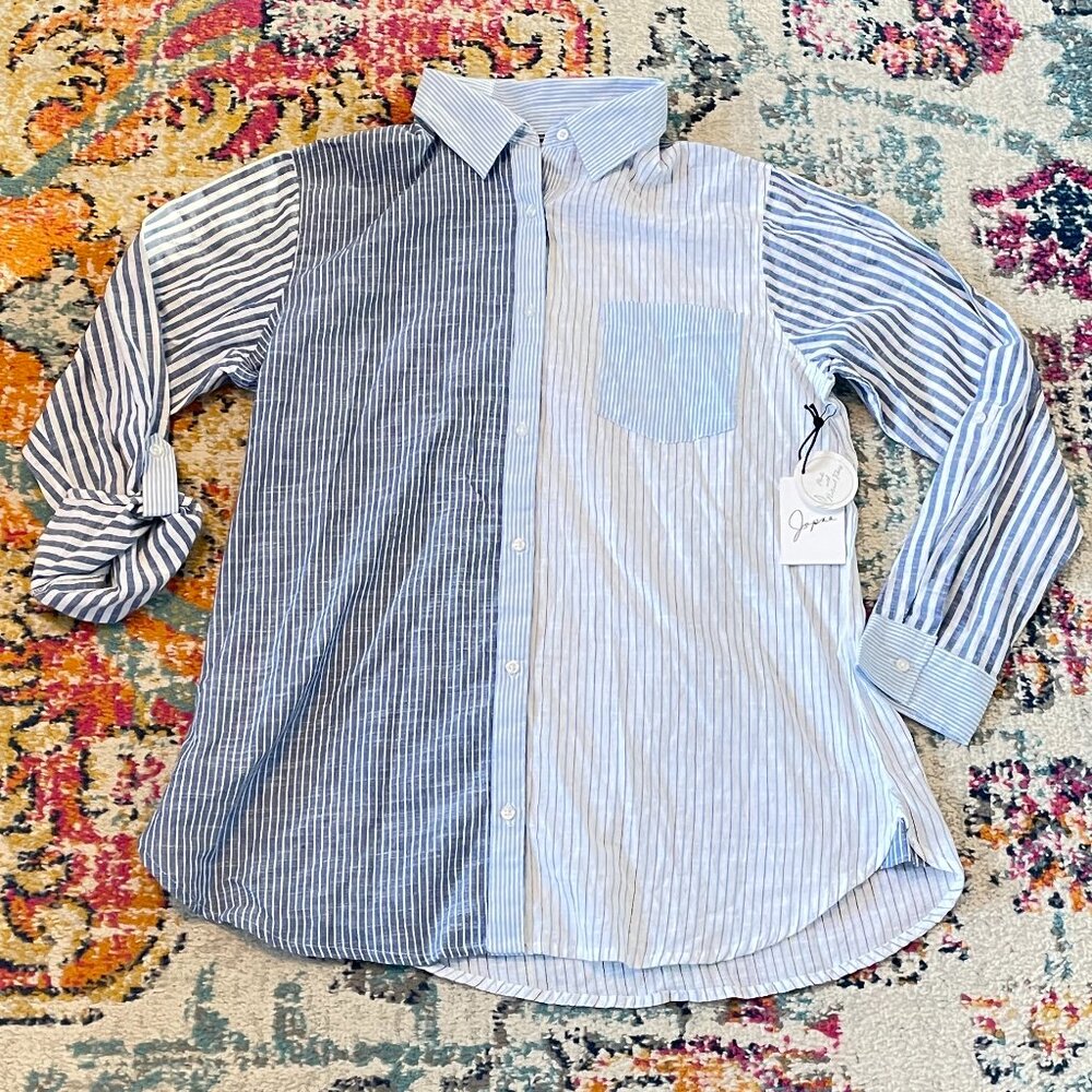 Japna Cotton Button Down Striped Shirt-Blue and White Striped Shirt-L-NWT